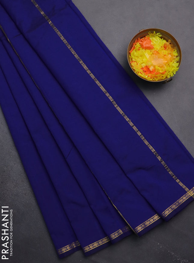 Arani semi silk saree blue with plain body and small zari woven border