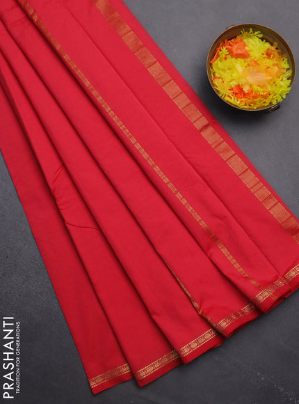 Arani semi silk saree red shade with plain body and small zari woven border