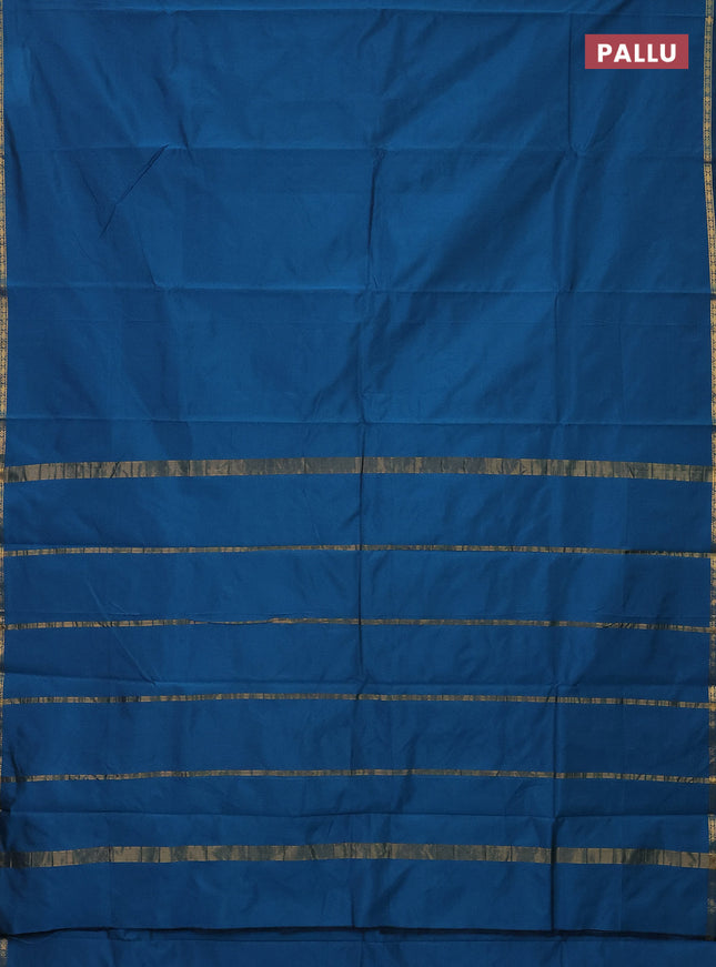 Arani semi silk saree peacock blue with plain body and small zari woven border