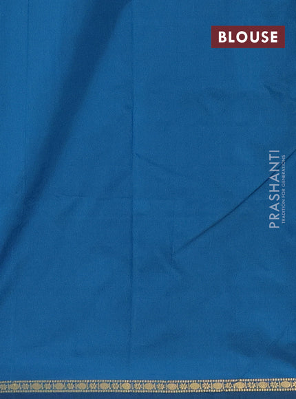 Arani semi silk saree peacock blue with plain body and small zari woven border