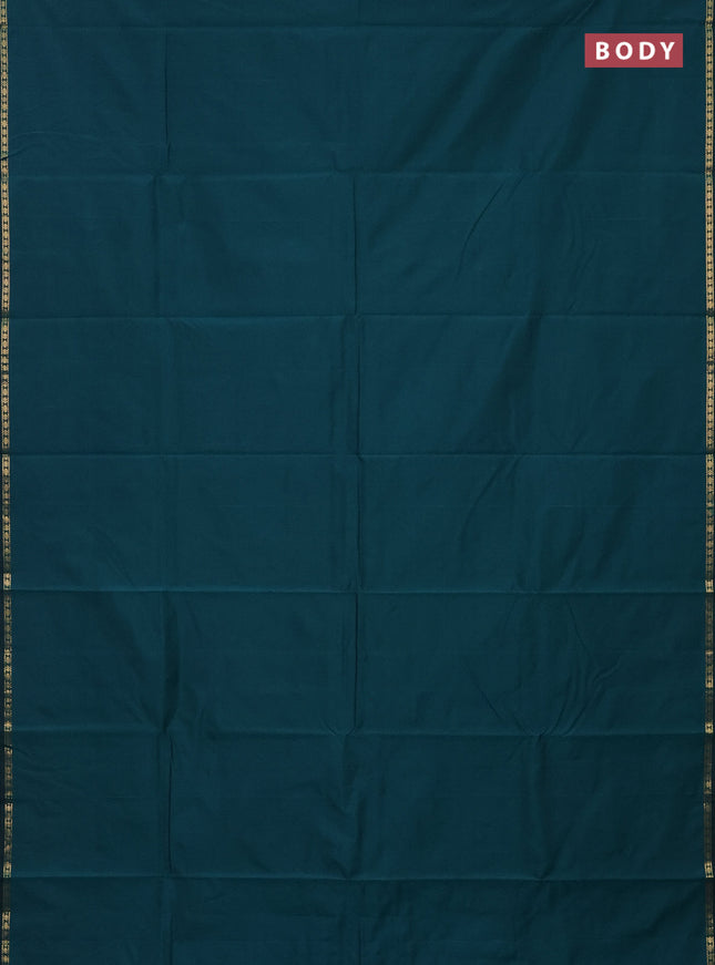 Arani semi silk saree peacock green with plain body and small zari woven border