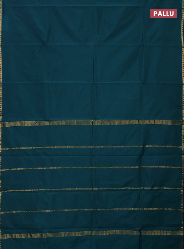 Arani semi silk saree peacock green with plain body and small zari woven border