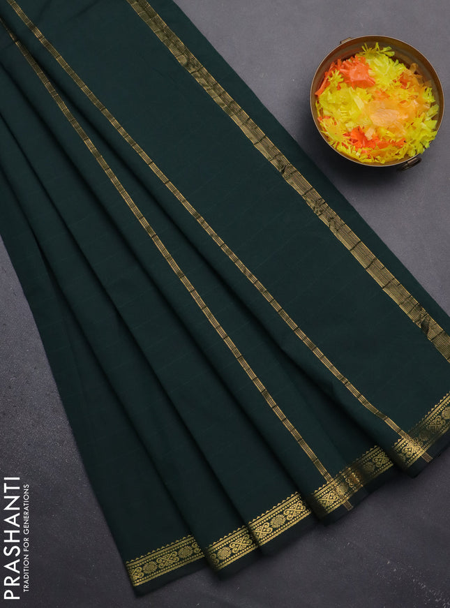 Arani semi silk saree bottle green with plain body and zari woven border
