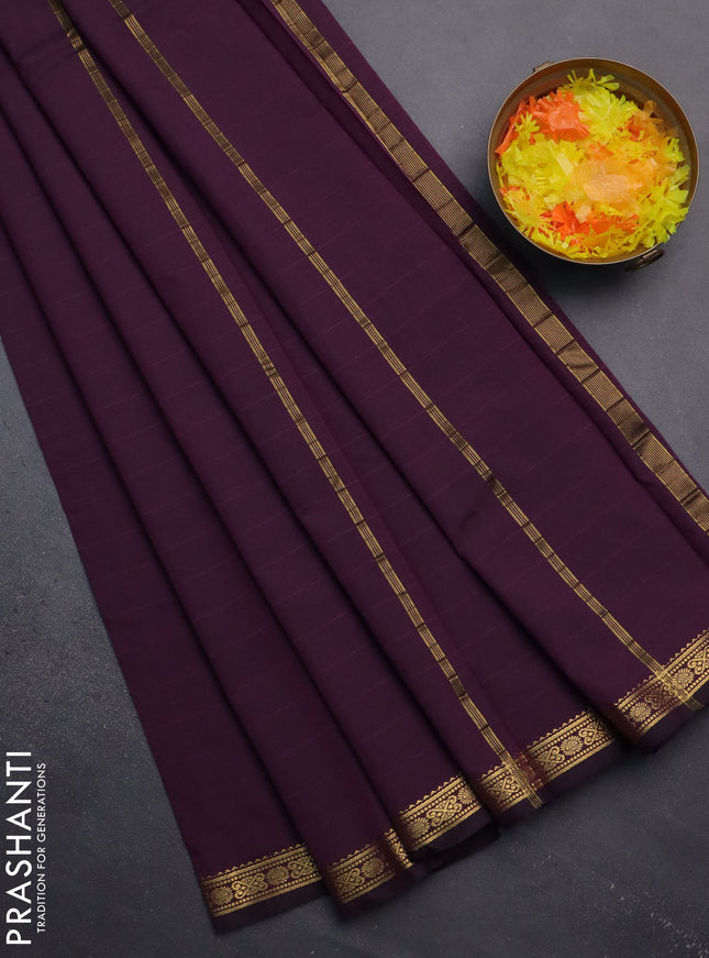 Arani semi silk saree deep purple with plain body and zari woven border