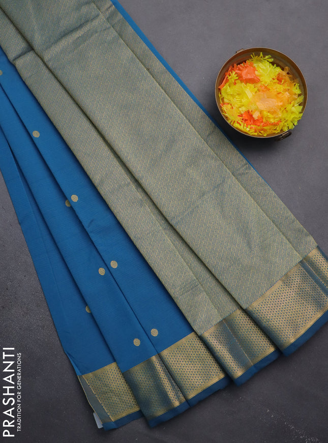Arani semi silk saree peacock blue with zari woven buttas and zari woven border