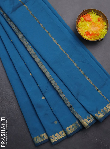 Arani semi silk saree peacock blue with rudhraksha & paisley zari woven buttas and zari woven border