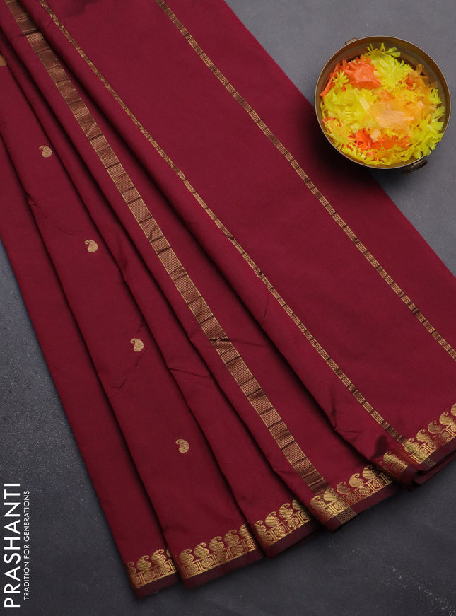 Arani semi silk saree maroon shade with rudhraksha & paisley zari woven buttas and zari woven border