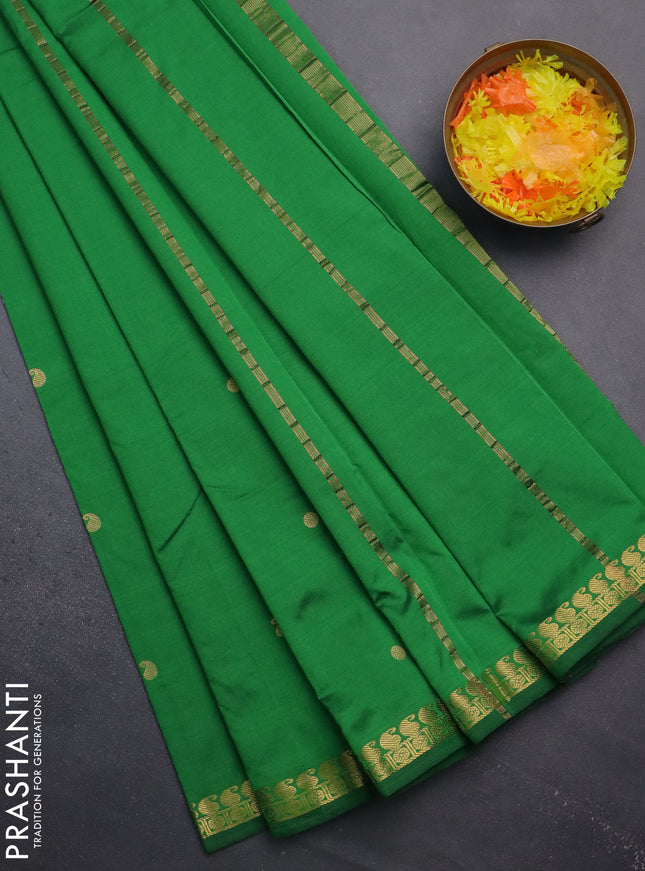 Arani semi silk saree green with rudhraksha & paisley zari woven buttas and zari woven border