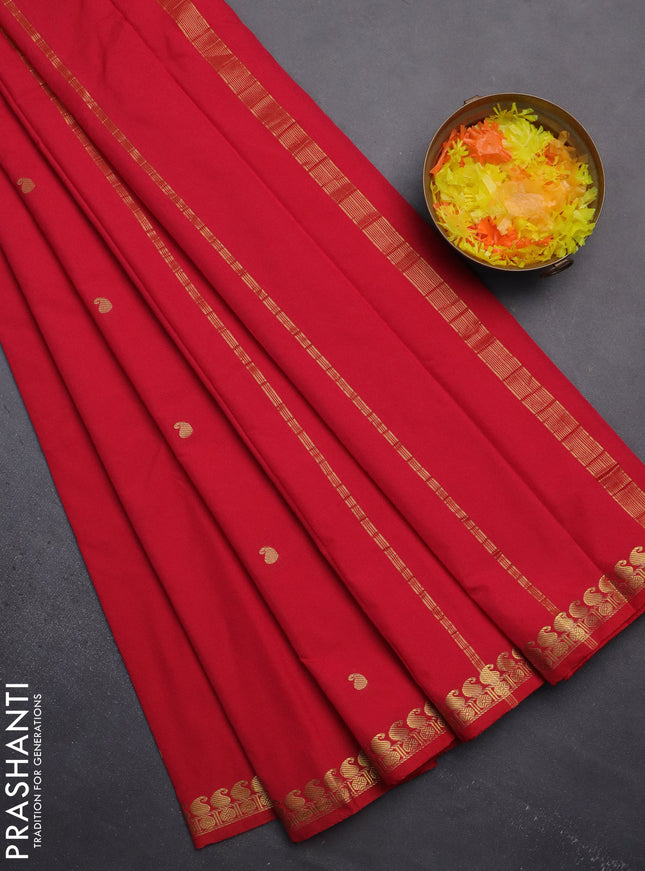 Arani semi silk saree dark pink with rudhraksha & paisley zari woven buttas and zari woven border