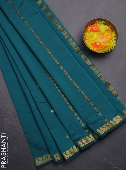 Arani semi silk saree peacock green with rudhraksha & paisley zari woven buttas and zari woven border