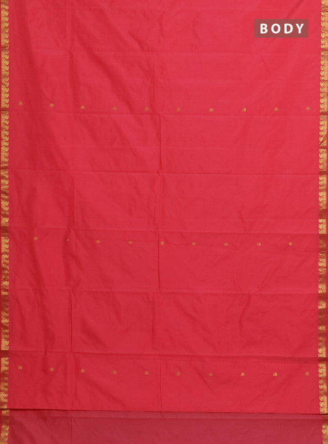 Arani semi silk saree peach shade with rudhraksha & paisley zari woven buttas and zari woven border