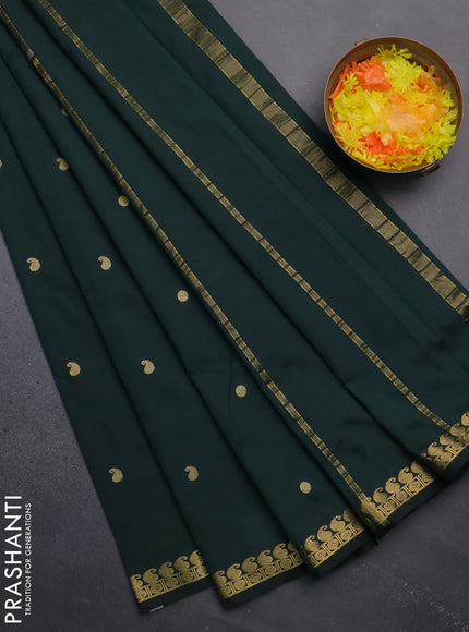 Arani semi silk saree bottle green with rudhraksha & paisley zari woven buttas and zari woven border