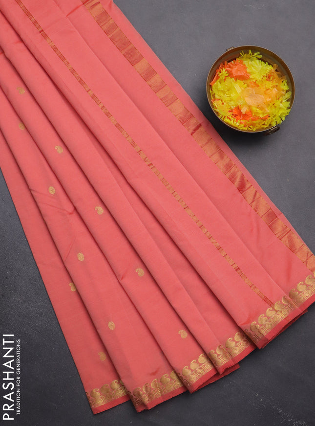 Arani semi silk saree peach shade with rudhraksha & paisley zari woven buttas and zari woven border