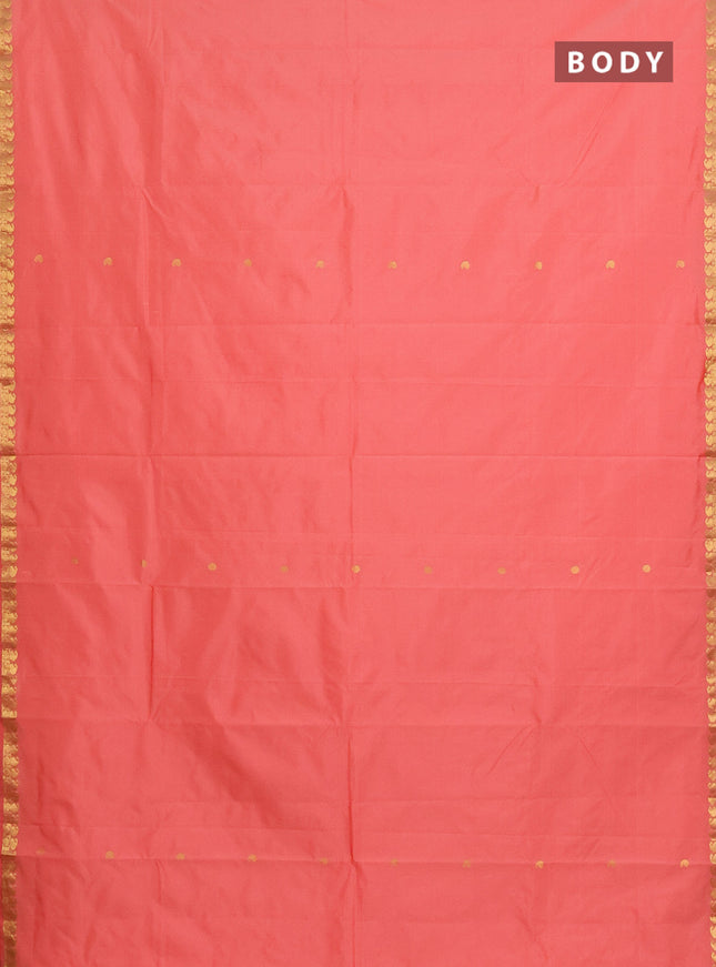Arani semi silk saree peach shade with rudhraksha & paisley zari woven buttas and zari woven border