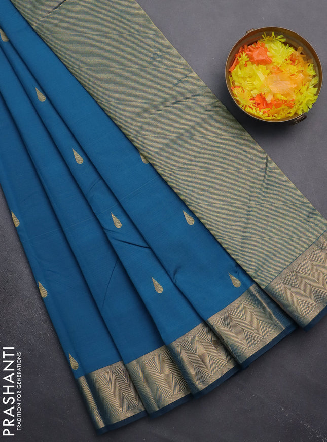 Arani semi silk saree peacock blue with zari woven thilak buttas and zari woven border