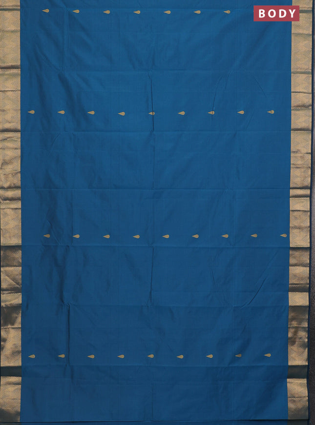 Arani semi silk saree peacock blue with zari woven thilak buttas and zari woven border