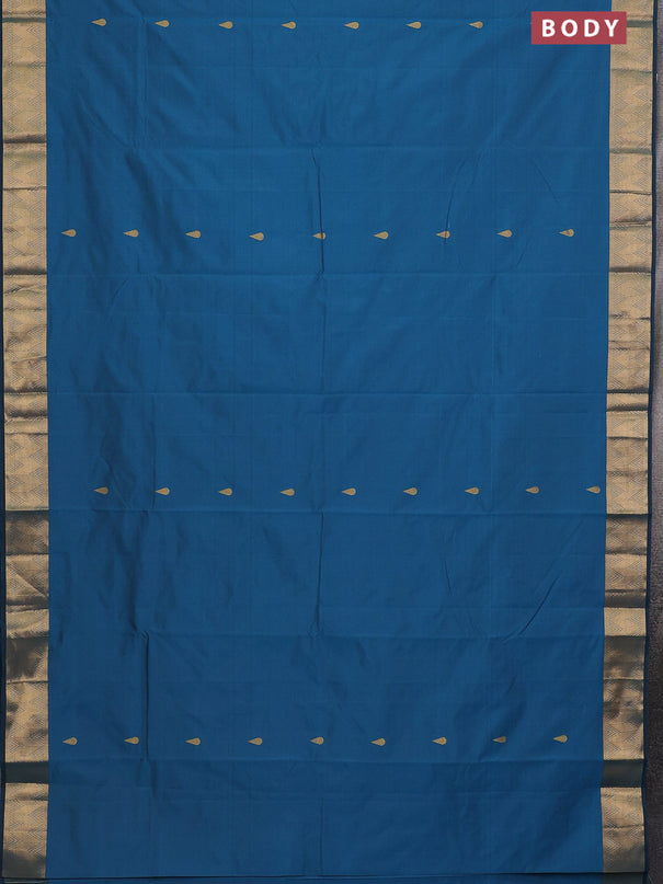 Arani semi silk saree peacock blue with zari woven thilak buttas and zari woven border
