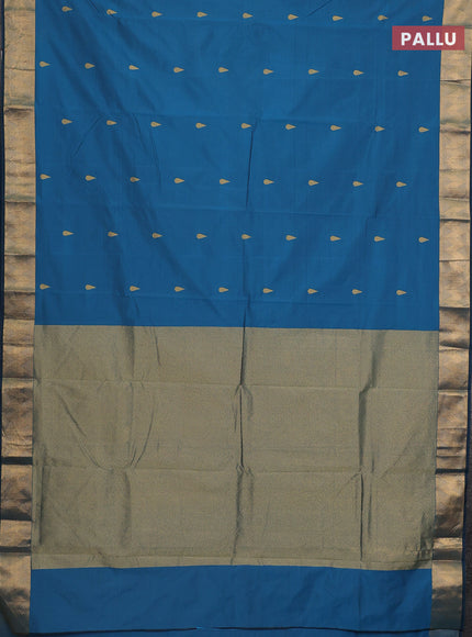 Arani semi silk saree peacock blue with zari woven thilak buttas and zari woven border