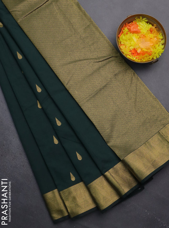 Arani semi silk saree bottle green with zari woven thilak buttas and zari woven border