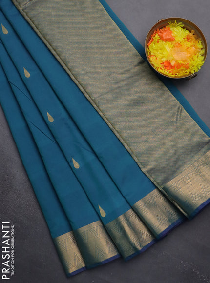 Arani semi silk saree dual shade of teal green with zari woven thilak buttas and zari woven border