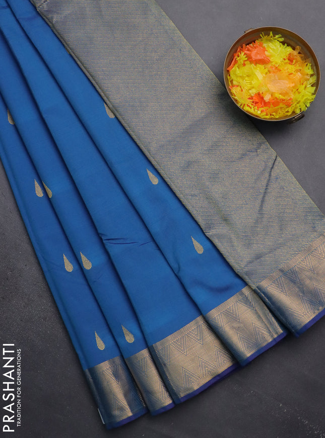 Arani semi silk saree cs blue with zari woven thilak buttas and zari woven border