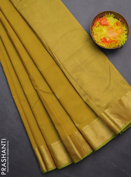 Arani semi silk saree dual shade of mustard yellow with zari woven thilak buttas and zari woven border