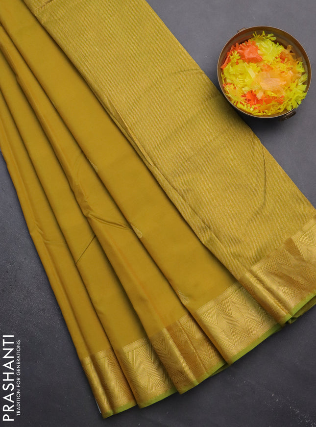 Arani semi silk saree dual shade of mustard yellow with zari woven thilak buttas and zari woven border