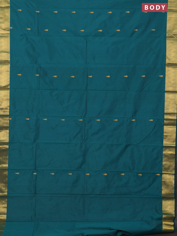 Arani semi silk saree peacock green with zari woven thilak buttas and zari woven border
