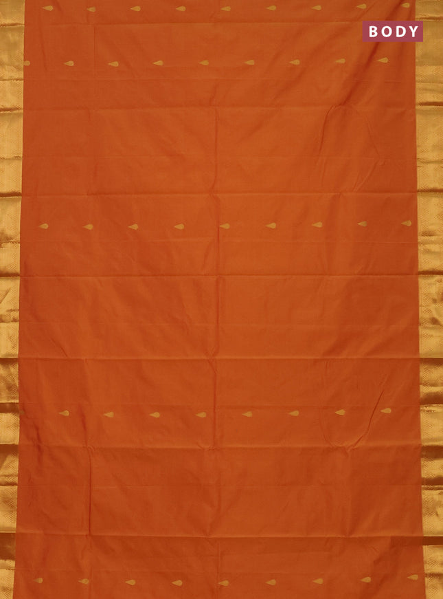 Arani semi silk saree dual shade of dark mustard with zari woven thilak buttas and zari woven border