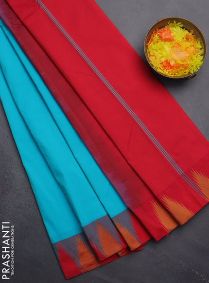 Arani semi silk saree teal blue and dual shade of bluish pink with plain body and temple design border