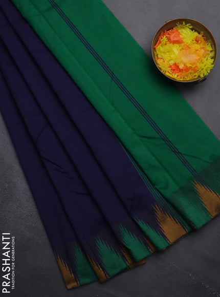Arani semi silk saree navy blue and green mustard yellow with plain body and temple design border