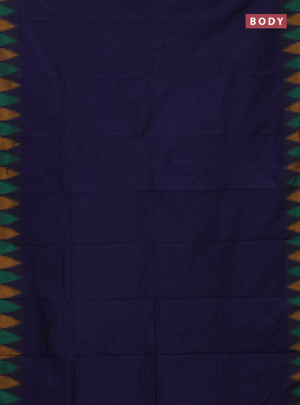 Arani semi silk saree navy blue and green mustard yellow with plain body and temple design border