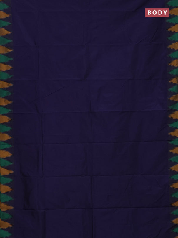 Arani semi silk saree navy blue and green mustard yellow with plain body and temple design border