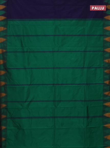 Arani semi silk saree navy blue and green mustard yellow with plain body and temple design border