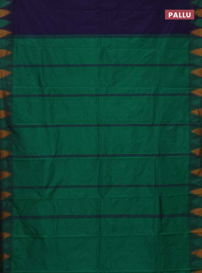 Arani semi silk saree navy blue and green mustard yellow with plain body and temple design border