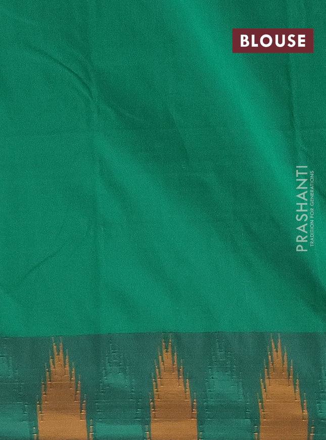 Arani semi silk saree navy blue and green mustard yellow with plain body and temple design border