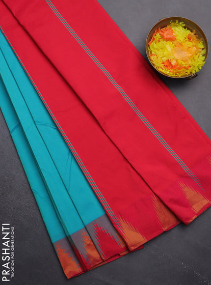 Arani semi silk saree teal blue and pink with plain body and temple design border