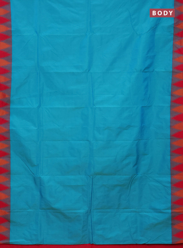 Arani semi silk saree teal blue and pink with plain body and temple design border