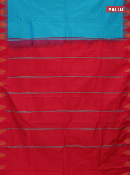 Arani semi silk saree teal blue and pink with plain body and temple design border