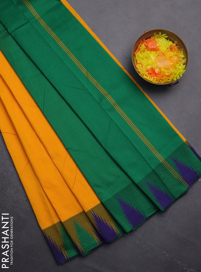 Arani semi silk saree mango yellow and dual shade of green with plain body and temple design border