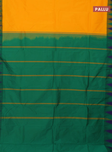 Arani semi silk saree mango yellow and dual shade of green with plain body and temple design border