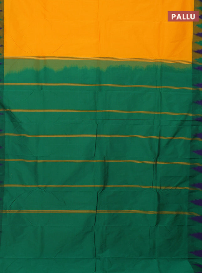 Arani semi silk saree mango yellow and dual shade of green with plain body and temple design border