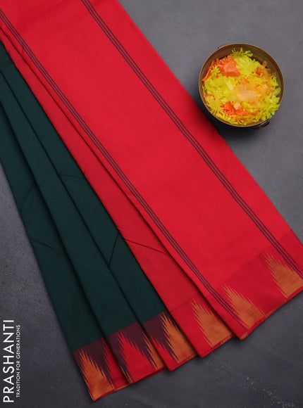 Arani semi silk saree bottle green and pink with plain body and temple design border