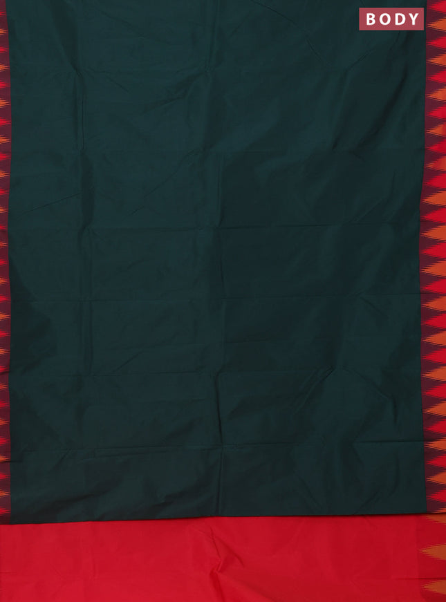 Arani semi silk saree bottle green and pink with plain body and temple design border