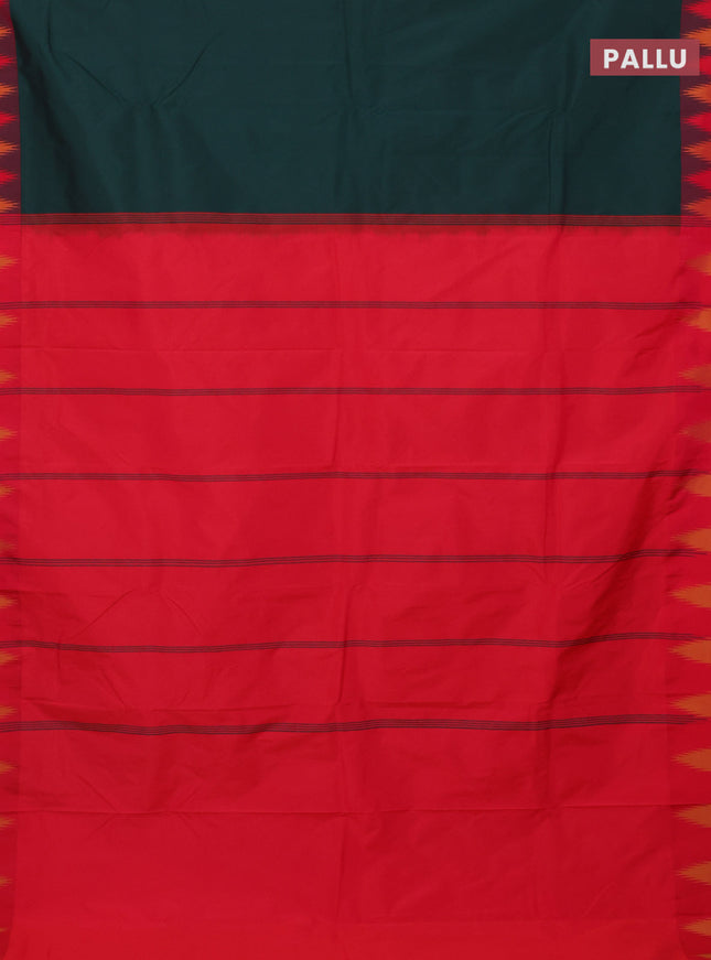 Arani semi silk saree bottle green and pink with plain body and temple design border