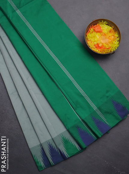 Arani semi silk saree greyish green and green with plain body and temple design border
