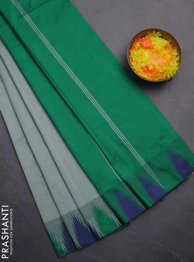Arani semi silk saree greyish green and green with plain body and temple design border