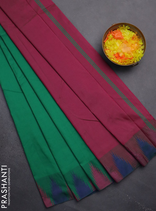 Arani semi silk saree green and blue with plain body and temple design border