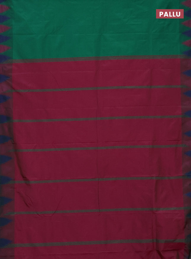 Arani semi silk saree green and blue with plain body and temple design border