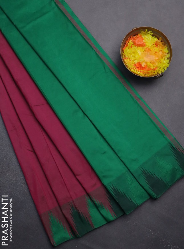 Arani semi silk saree dark magenta pink and green with plain body and temple design border